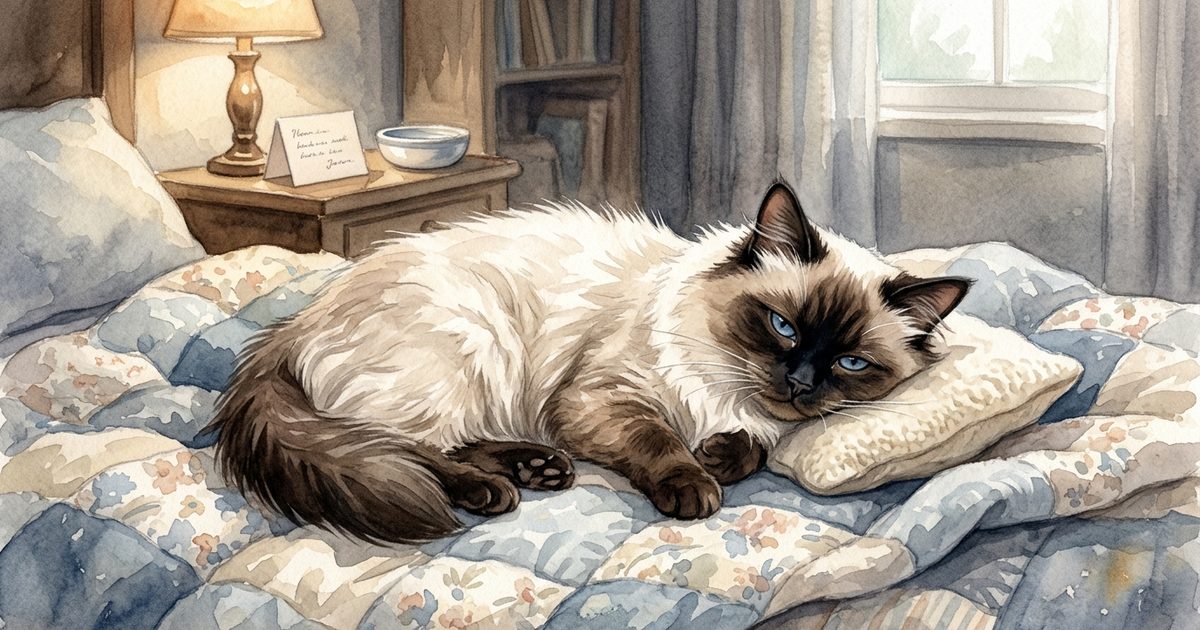 A Ragdoll cat with long silky cream fur and a dark brown colorpoint face resting quietly on a soft blanket looking unwell and subdued