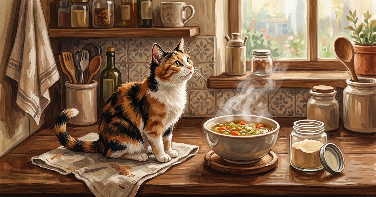 A calico cat with distinct orange black and white patches gazing up at a steaming bowl of soup and an open jar of onion powder on a kitchen counter, warm gouache painting