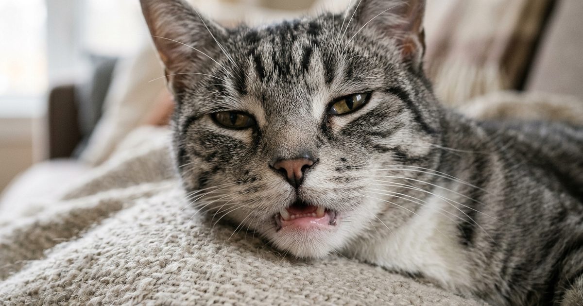 A macro close-up of a gray tabby cat with dark charcoal stripes showing pale gums and tired half-closed eyes, subdued weak expression
