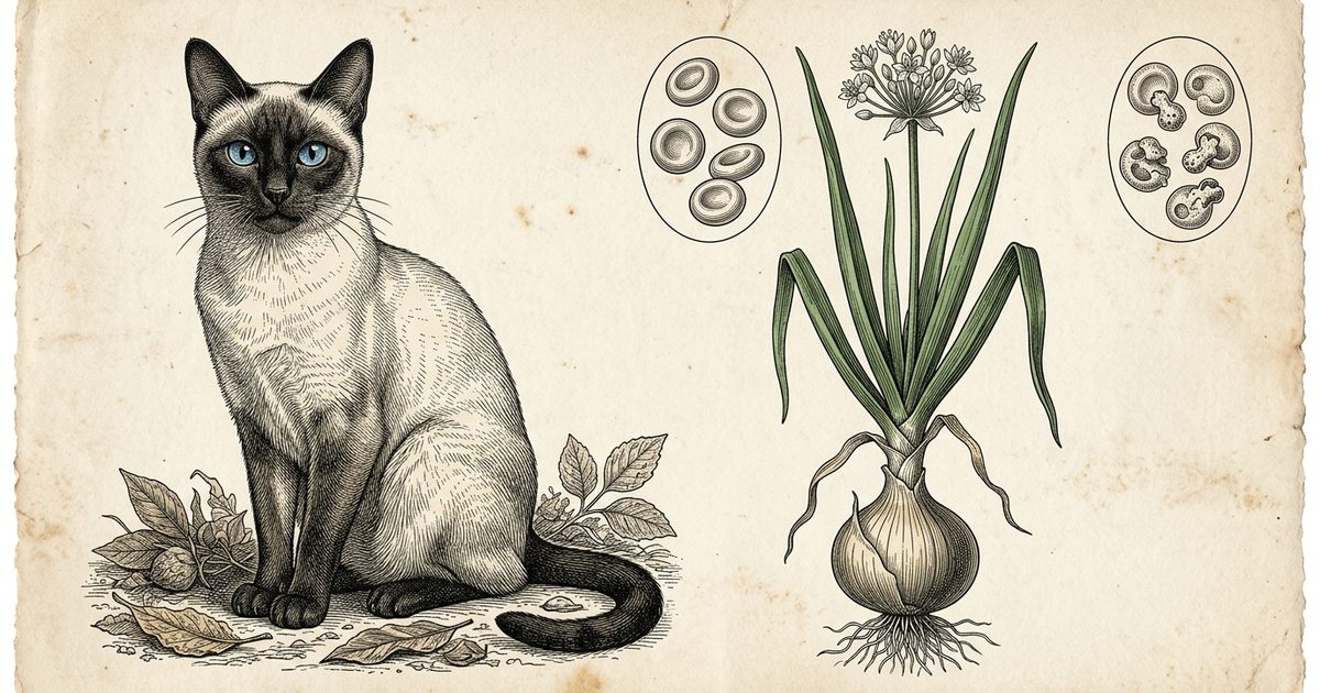 A Siamese cat with a cream body and dark seal-brown points beside a vintage botanical-plate engraving of an onion plant with red blood cell and Heinz body callouts