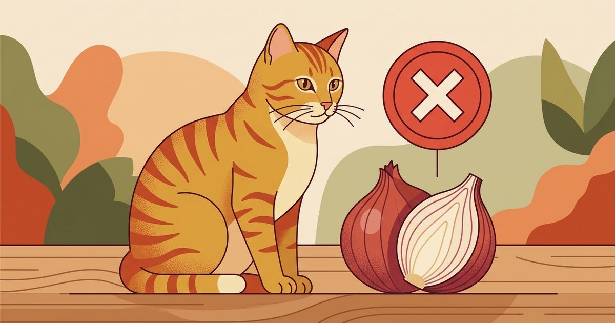 A ginger orange tabby with classic mackerel stripes beside a halved onion marked with a bold red warning symbol and an X, clean editorial vector illustration