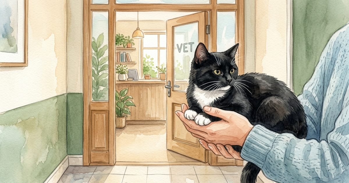 A tuxedo cat with black coat and white chest carried gently toward a vet visit in two cupped protective human hands, soft watercolor storybook illustration