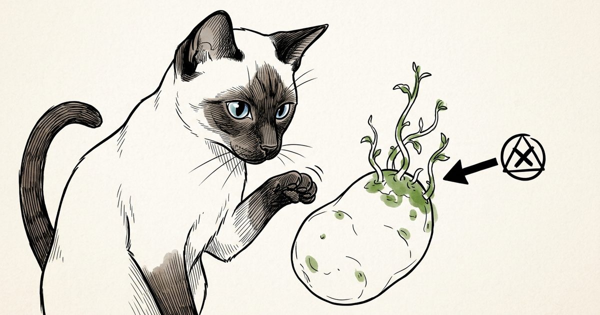 A Siamese cat with cream body and dark seal-brown points pulling a paw back from a line-drawn green-skinned sprouted potato with a caution arrow