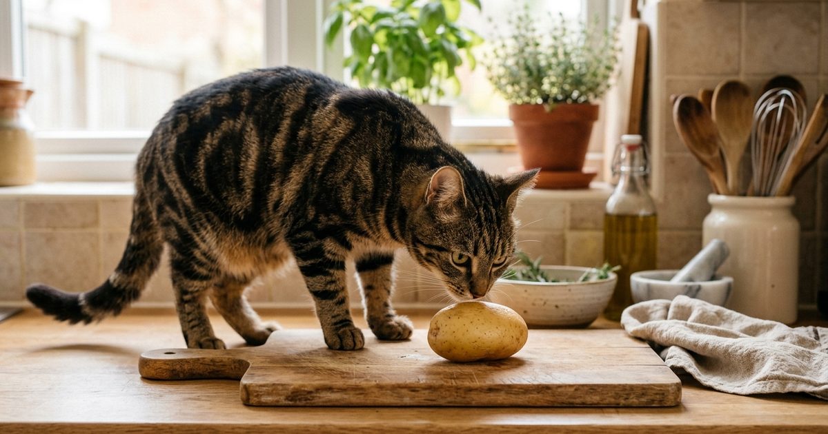 A brown tabby cat with bold black stripes on a warm brown coat sniffing a plain cooked potato on a wooden cutting board, curious and relaxed, warm domestic kitchen scene