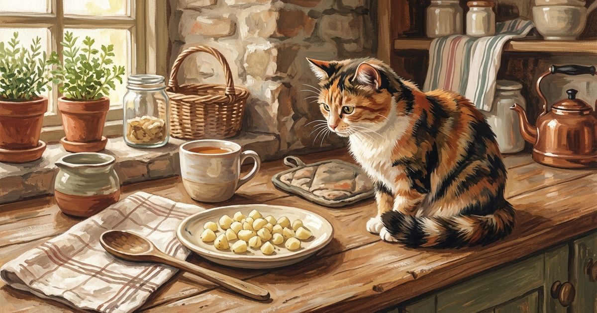 A calico cat with distinct patches of orange, black, and white fur watching a small peeled boiled potato cut into pea-sized pieces on a ceramic plate