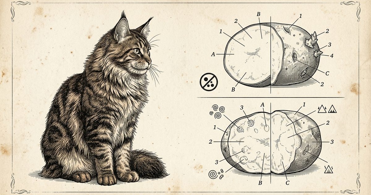 A large Maine Coon cat with long fluffy fur and tufted ears studying a vintage engraved split-plate contrasting a raw potato flagged with a solanine warning glyph beside a cooked one, fine natural-history linework