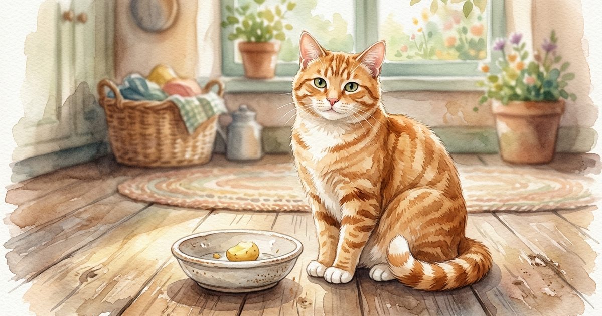 A ginger orange tabby cat with classic mackerel stripes sitting beside a mostly-empty shallow bowl holding a single small piece of cooked potato
