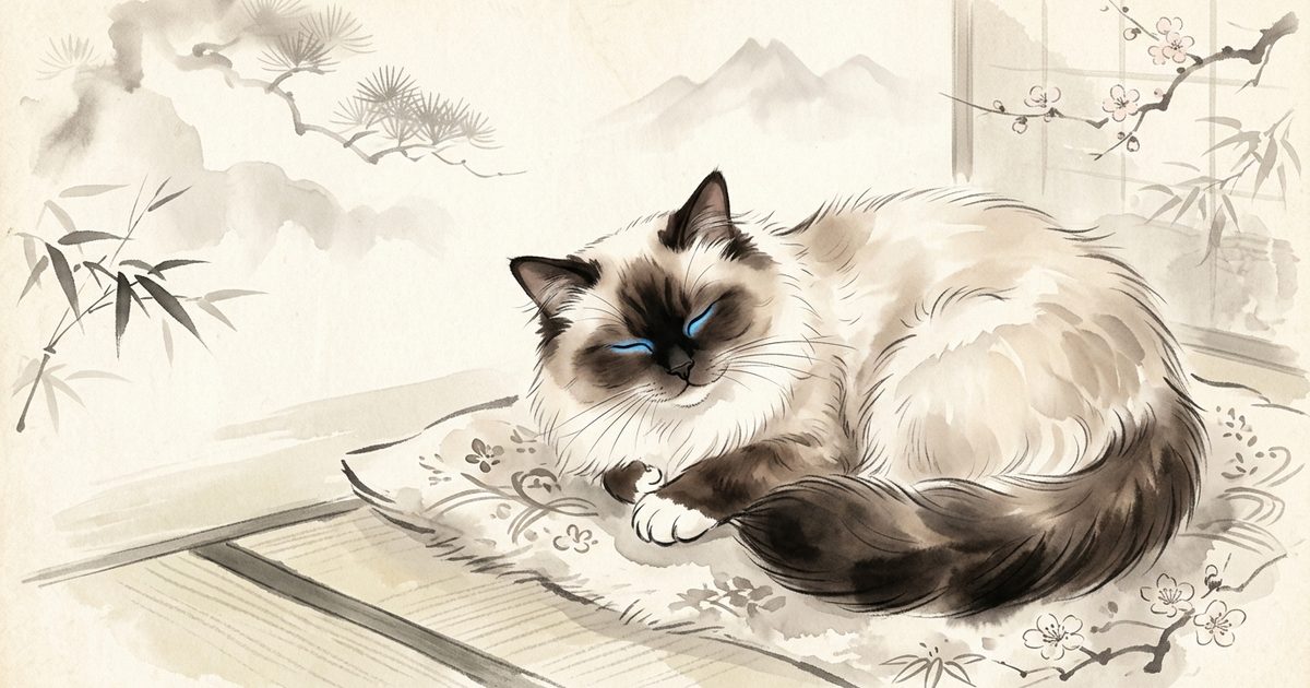 A Ragdoll cat with long silky fur, a cream body with dark brown colorpoint face and blue eyes in a serene contented curled pose, elegant Japanese sumi-e ink-wash kawaii with soft brush strokes