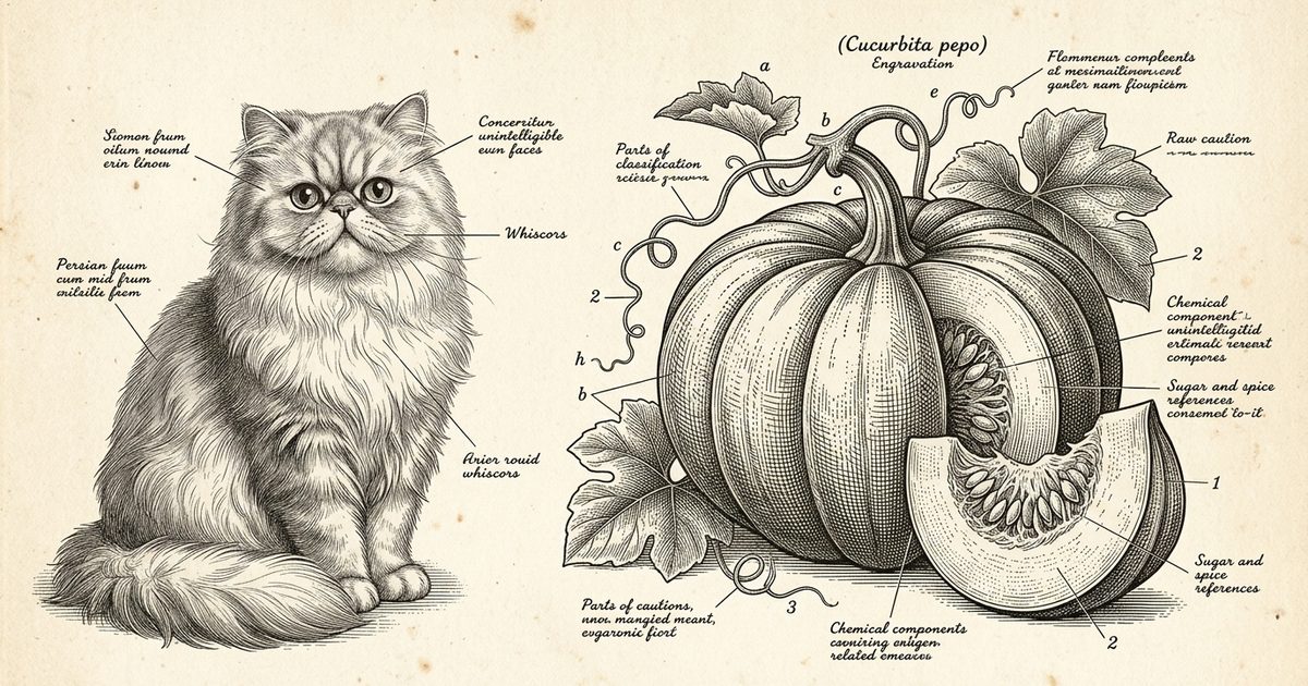 A Persian cat with long fur and a flat round face in a soft silver coat beside a detailed engraved pumpkin illustration with callout markers noting sugar, spices and raw cautions, vintage botanical-plate engraving