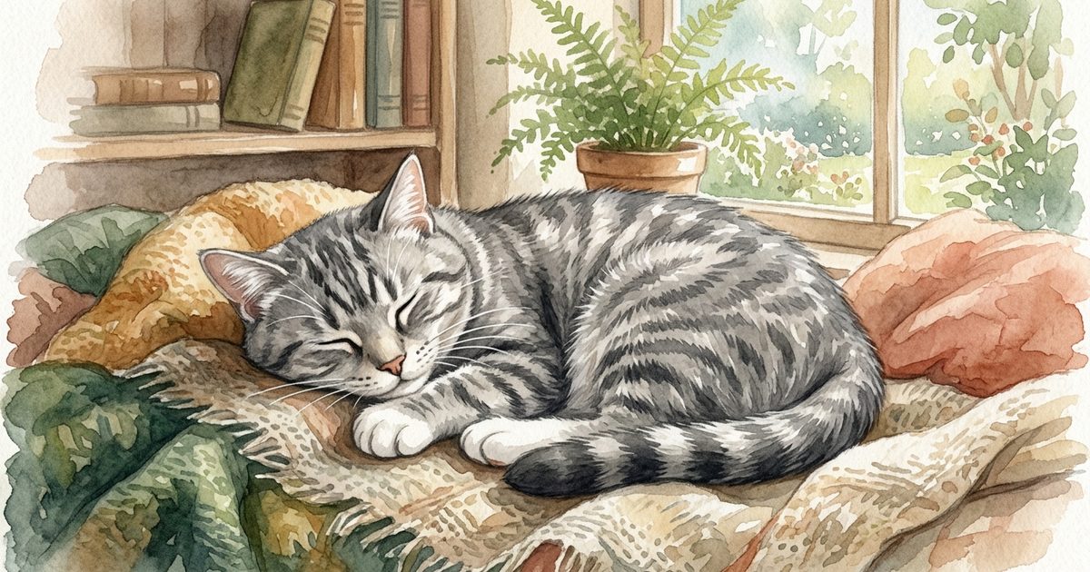 A gray tabby cat with dark charcoal stripes on a silver-gray coat and white paws curled up peacefully and content, soft watercolor children's-storybook illustration conveying calm digestive wellness