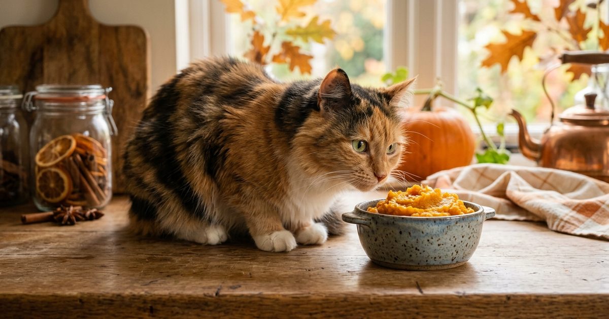 A calico cat with distinct patches of orange, black, and white fur leaning curiously toward a small ceramic dish of plain cooked pumpkin on a warm autumnal kitchen surface