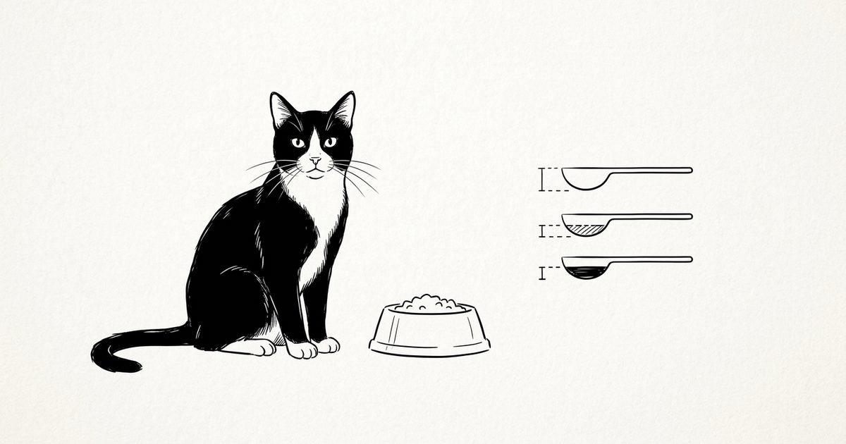 A tuxedo cat with a black coat and white chest beside a minimalist measuring-spoon dosing diagram and a simple cat food bowl, sparse clean ink line-art explainer sketch with lots of negative space