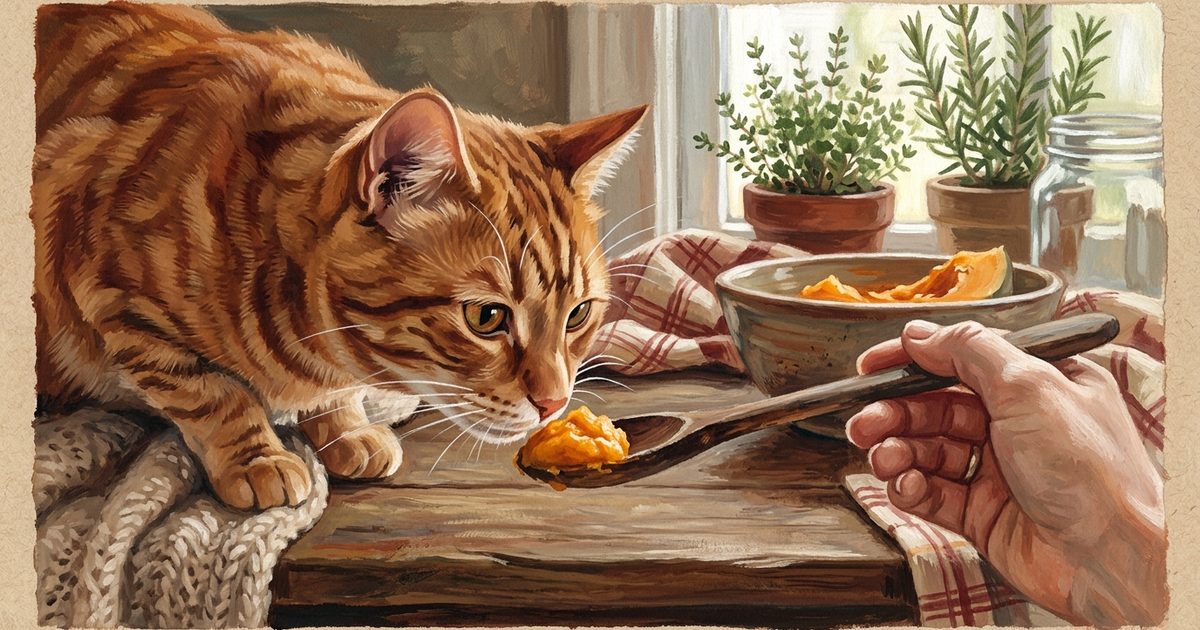 A ginger orange tabby cat with classic mackerel stripes gently sniffing a wooden spoon holding a dollop of plain pumpkin puree, warm gouache painting, trusting tender domestic mood