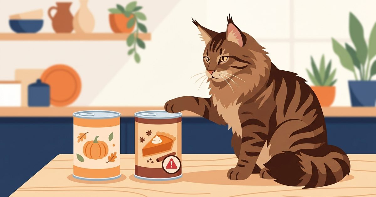 A large Maine Coon cat with long fluffy brown tabby fur beside a clean editorial comparison of two cans, one plain puree and one pie filling, with a subtle warning marker