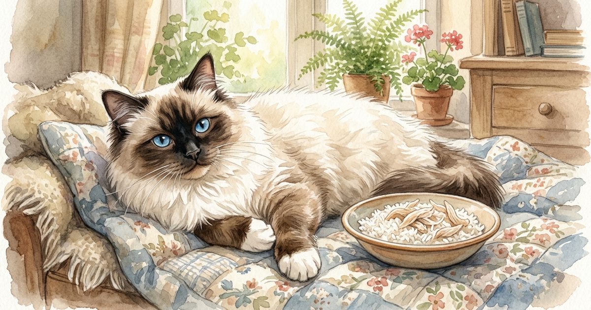 A Ragdoll cat with long silky cream fur and dark brown colorpoint face reclining beside a small shallow bowl of plain boiled chicken and white rice mixed together, warm reassuring watercolor storybook scene