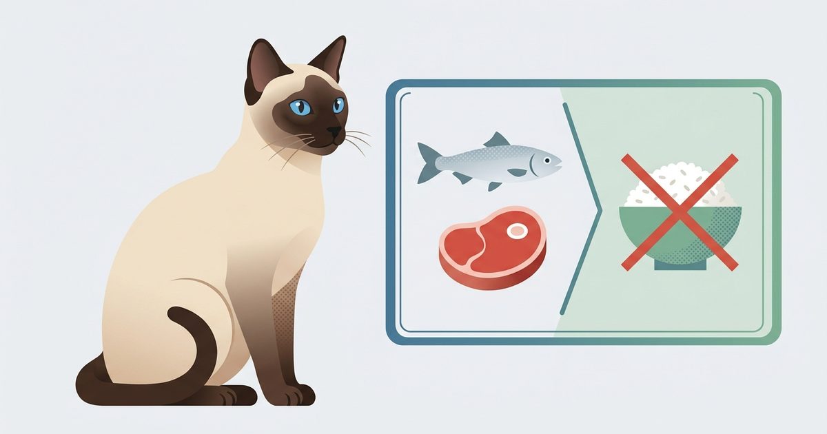 A Siamese cat with a cream body and dark seal-brown points beside a flat vector infographic showing a fish and meat icon on one side and a crossed-out bowl of rice on the other