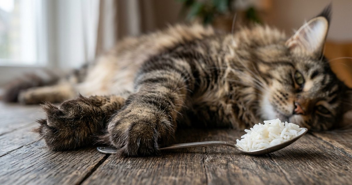 A large Maine Coon cat with long fluffy brown tabby fur and tufted ears, close-up of its paw resting beside a single teaspoon of cooked white rice for scale, alert and relaxed