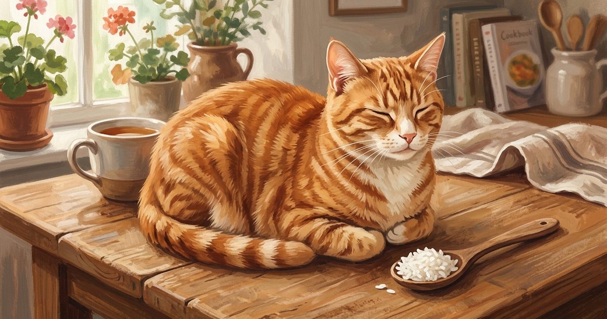 A ginger orange tabby cat with classic mackerel stripes sitting beside a small spoonful of plain cooked white rice on a warm wooden table, gentle domestic gouache scene
