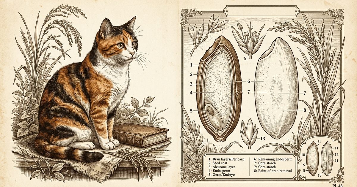 A calico cat with distinct patches of orange, black, and white fur beside a vintage botanical-plate engraving comparing a milled white rice grain and a whole brown rice grain with bran intact