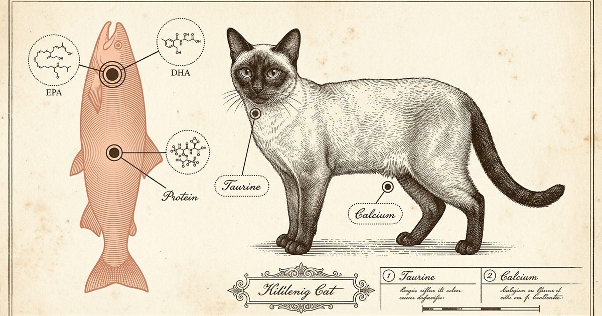 A Siamese cat with seal-brown points and blue almond eyes rendered as a vintage botanical-plate engraving, with a salmon silhouette annotated by omega-3, protein, and missing-nutrient callouts for taurine and calcium