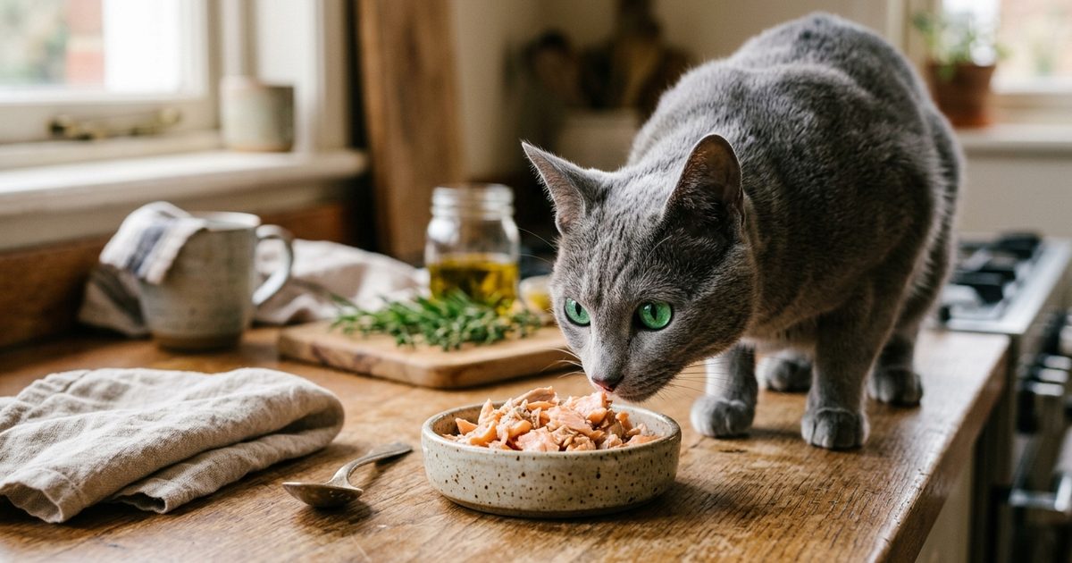 A Russian Blue cat with a dense silvery-blue coat and vivid green eyes sniffing a small ceramic dish of plain cooked flaked salmon on a wooden kitchen counter, curious and relaxed in warm afternoon light