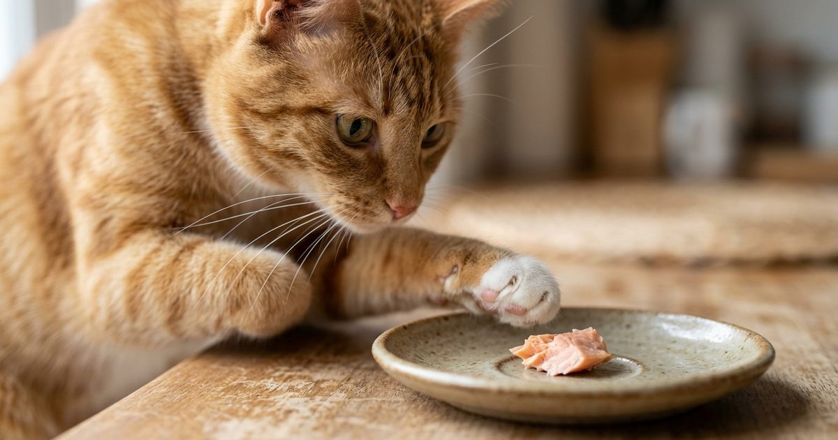 A ginger orange tabby with mackerel stripes reaching one paw toward a single teaspoon-sized piece of flaked plain cooked salmon on a small saucer, macro close-up