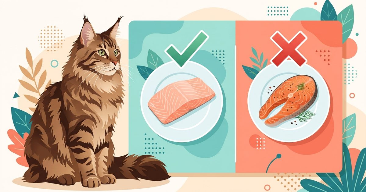A fluffy brown tabby Maine Coon with tufted ears beside a clean vector infographic contrasting a plain steamed deboned salmon fillet with a checkmark against a crossed-out seasoned smoked salmon slice