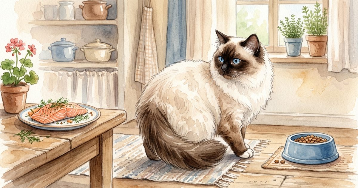 A Ragdoll cat with long silky cream fur, dark brown colorpoint face and striking blue eyes turning away from a plate of seasoned smoked salmon toward its regular food dish, soft watercolor storybook mood