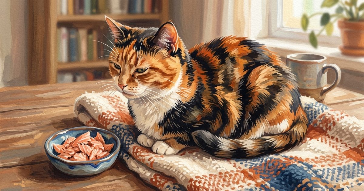 A calico cat with distinct orange, black, and white patches sitting content beside a small ceramic dish of flaked plain cooked salmon on a soft textile, warm painterly satisfied mood