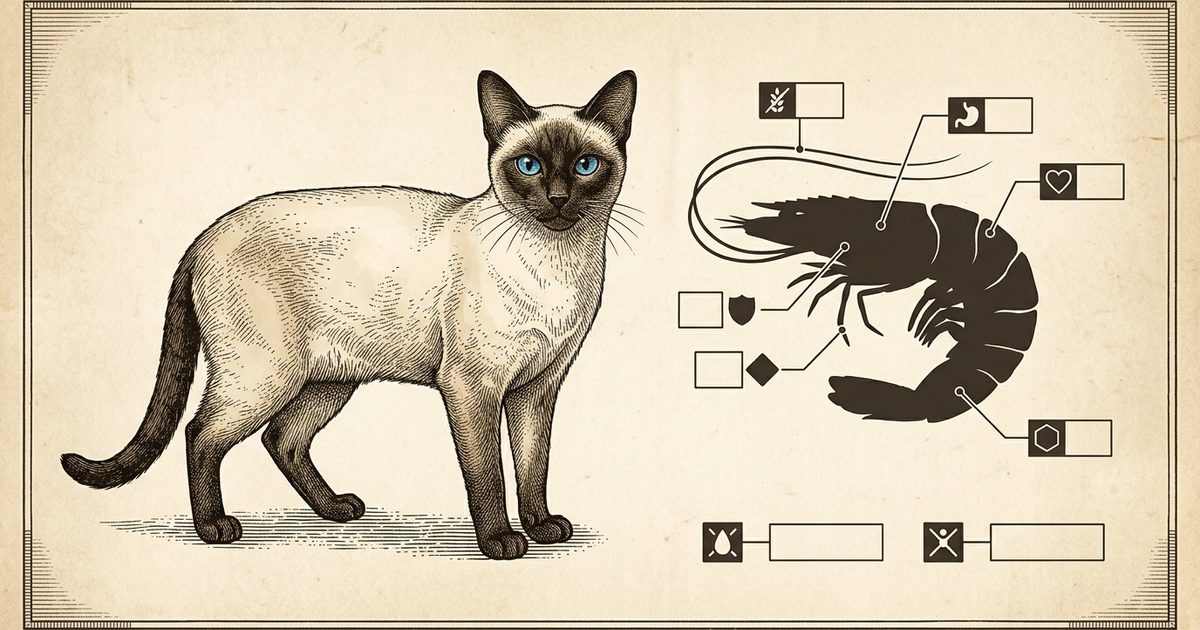 A Siamese cat with a cream body and dark seal-brown points on a scientific plate with callout markers on a peeled shrimp silhouette labeling protein and vitamin B12 with missing-nutrient labels for taurine, vintage engraving