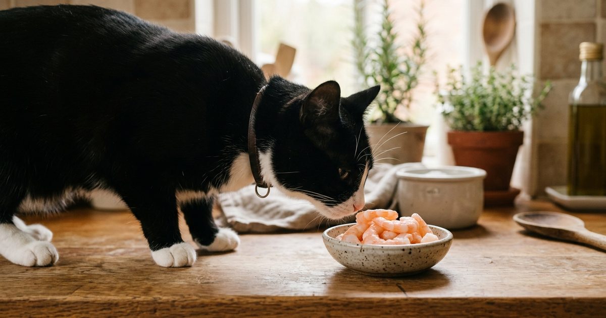 A tuxedo cat with a black coat and white chest, paws and whiskers sniffing a small ceramic dish of plain cooked peeled shrimp on a wooden kitchen counter, curious and gently alert