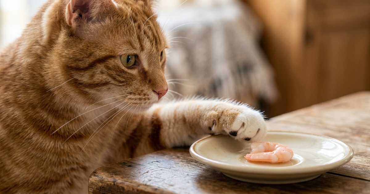A ginger orange tabby cat with classic mackerel stripes reaching one paw toward half of one small plain cooked peeled shrimp on a saucer, alert and focused, macro close-up with shallow depth of field