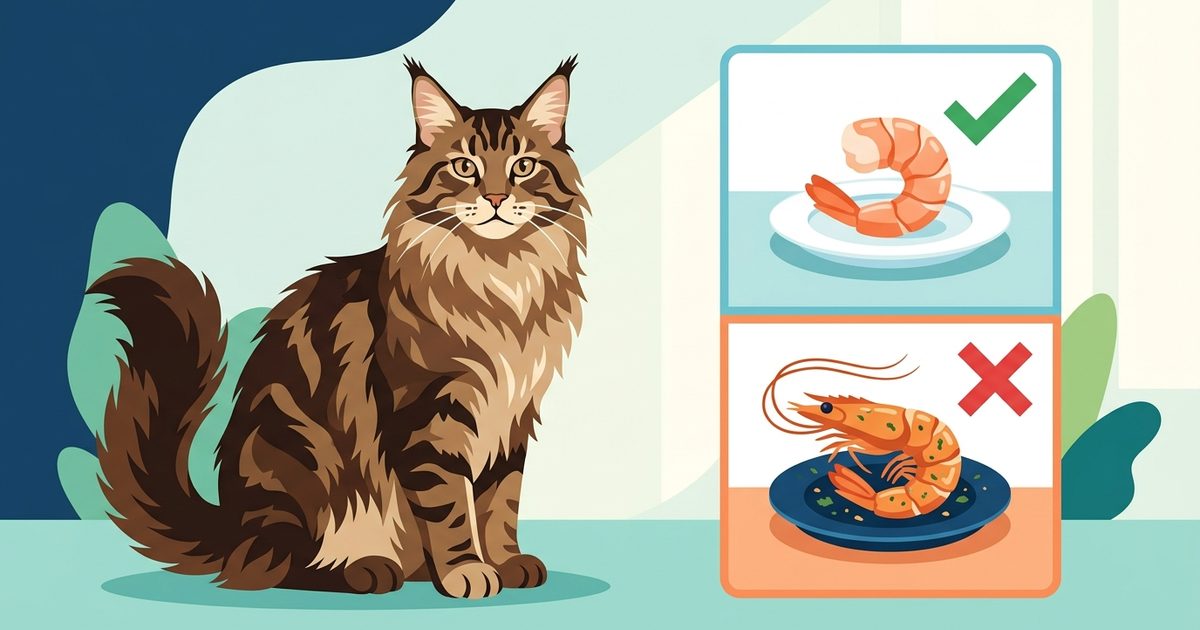 A large Maine Coon cat with long fluffy brown tabby fur beside a split infographic contrasting a plain peeled shrimp with a checkmark against a garlic-butter fried shrimp with a cross, flat vector illustration