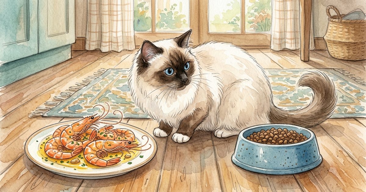 A Ragdoll cat with long silky cream fur and dark brown colorpoint face turning from a plate of seasoned garlic-butter shrimp with shells on toward its plain regular food dish, soft watercolor storybook illustration