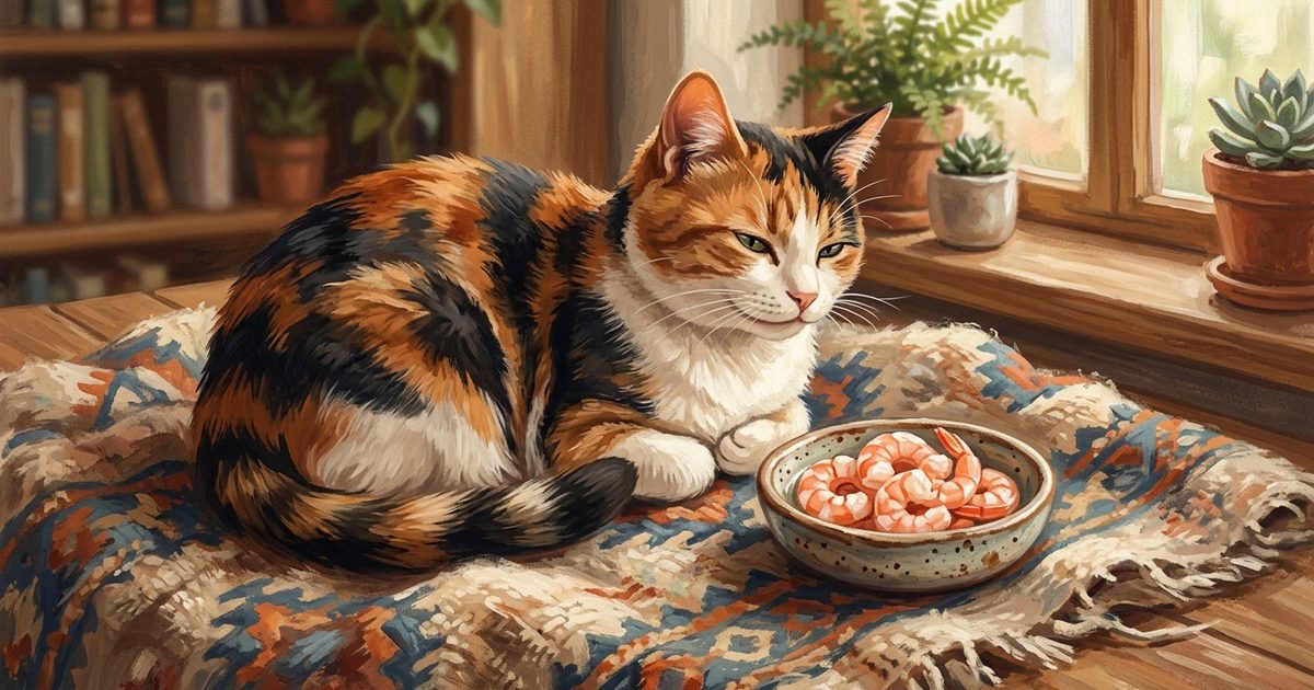 A calico cat with distinct patches of orange, black and white fur sitting content beside a small ceramic dish of plain cooked peeled shrimp on a soft textile, warm and painterly, satisfied gentle mood