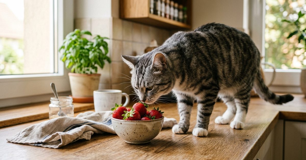 A gray tabby cat with dark charcoal stripes on a silver-gray coat and white paws sniffing a small bowl of fresh ripe red strawberries on a warm summery kitchen counter, curious and relaxed