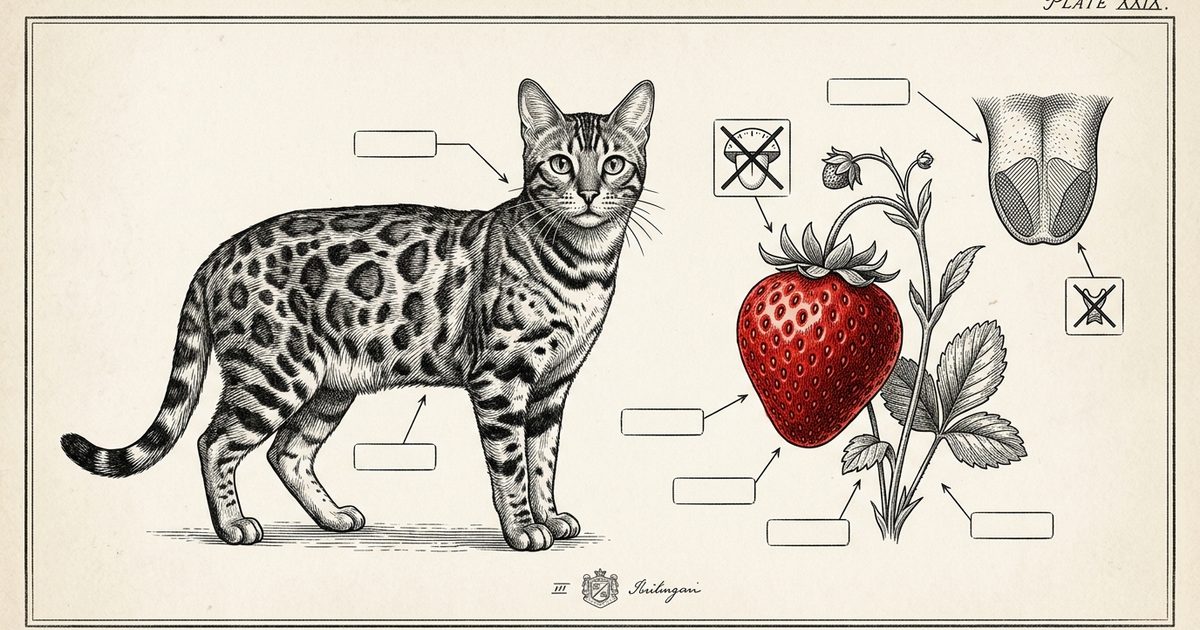 A Bengal cat with a spotted golden-brown coat beside a ripe red strawberry, with a callout crossing out sweetness and a diagram of a cat's tongue with a non-functional sweet receptor