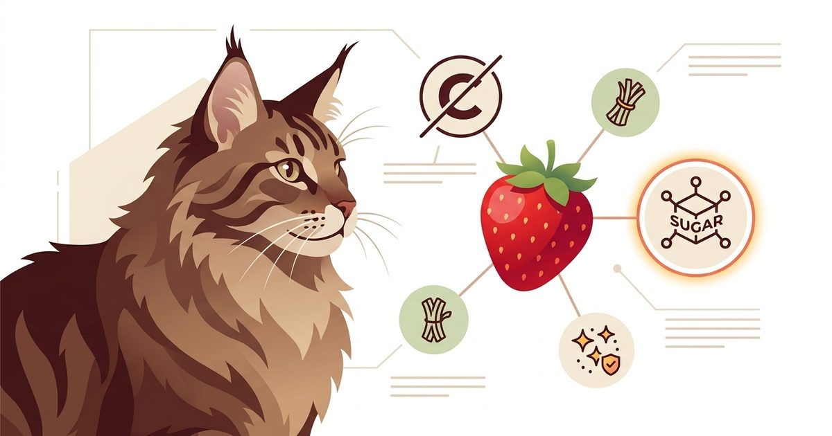 A Maine Coon cat with fluffy brown tabby fur beside a ripe red strawberry with nutrient icons — fiber, antioxidants, and a highlighted sugar icon