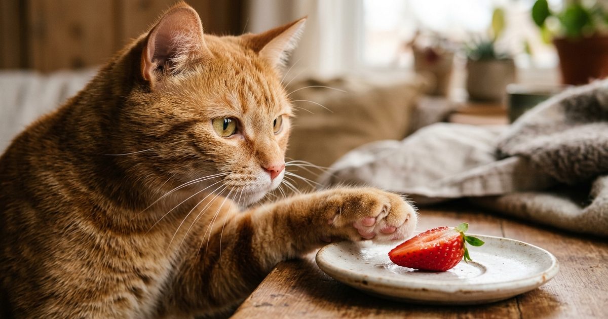 A ginger orange tabby cat with mackerel stripes and a cream belly, paw reaching toward half a small ripe red strawberry on a saucer