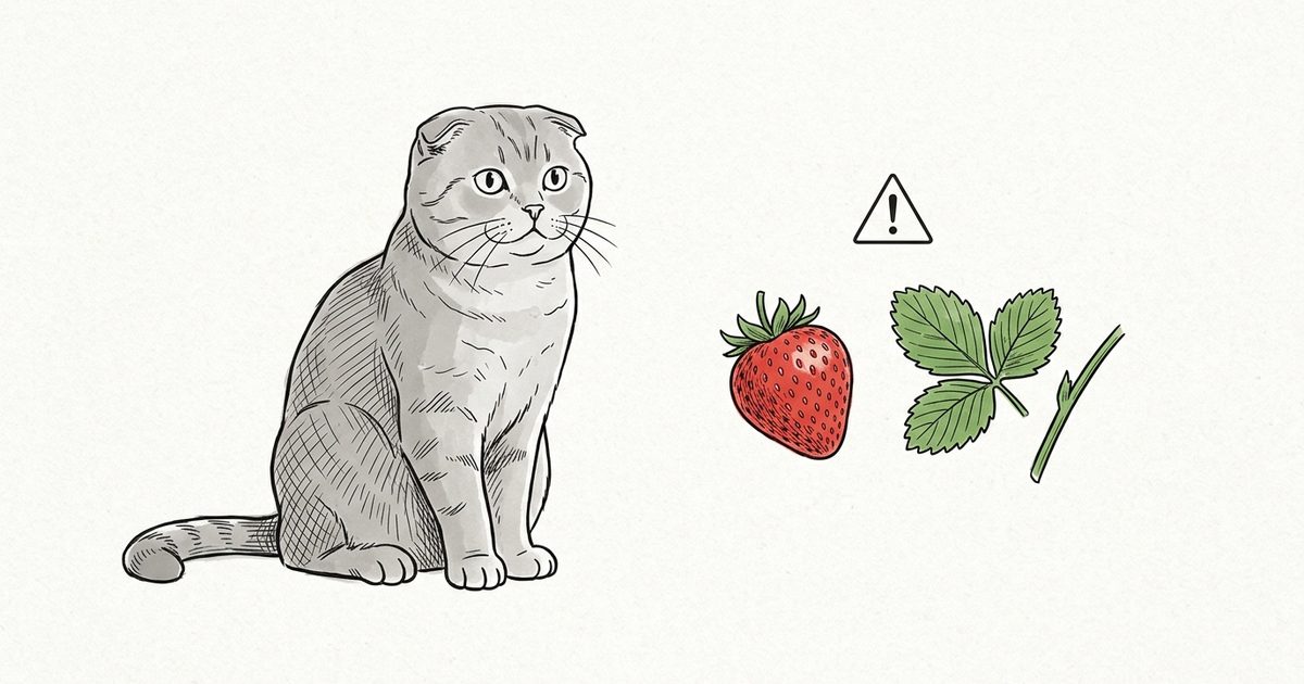 A Scottish Fold cat with folded ears and a round gray face beside a ripe red strawberry, with the green leaves and stem separated and marked with a caution icon