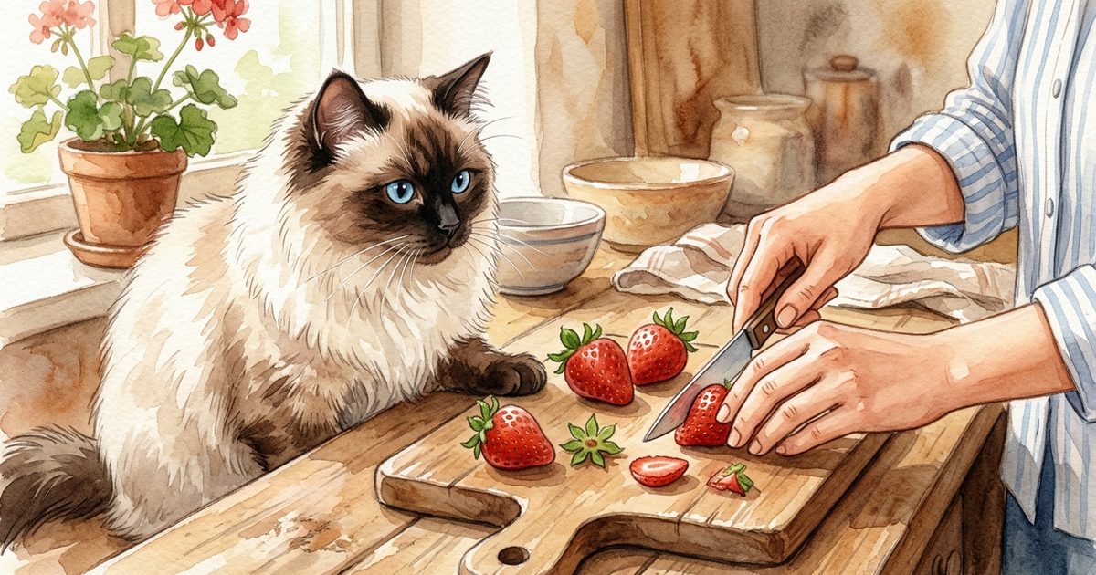 A Ragdoll cat with cream fur, dark brown colorpoint face, and blue eyes watching a hand remove the calyx from a ripe red strawberry and slice a small piece