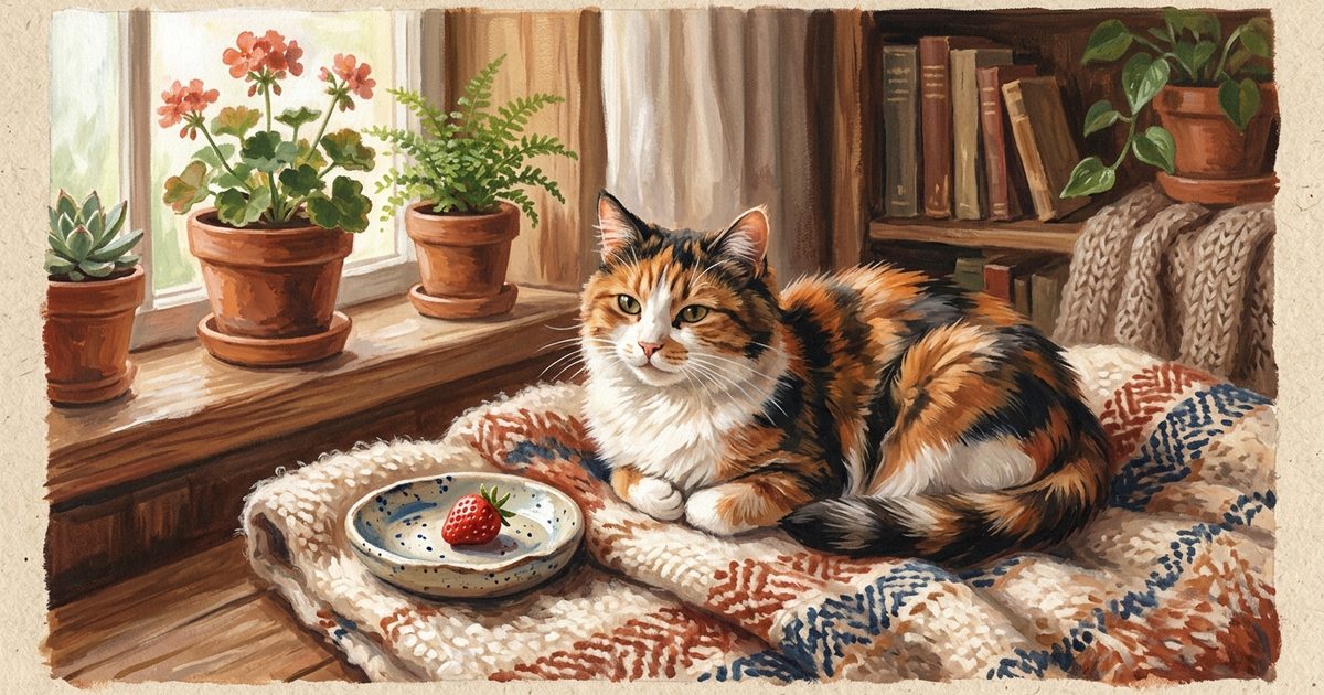 A calico cat with orange, black, and white fur beside a dish holding a tiny piece of ripe red strawberry
