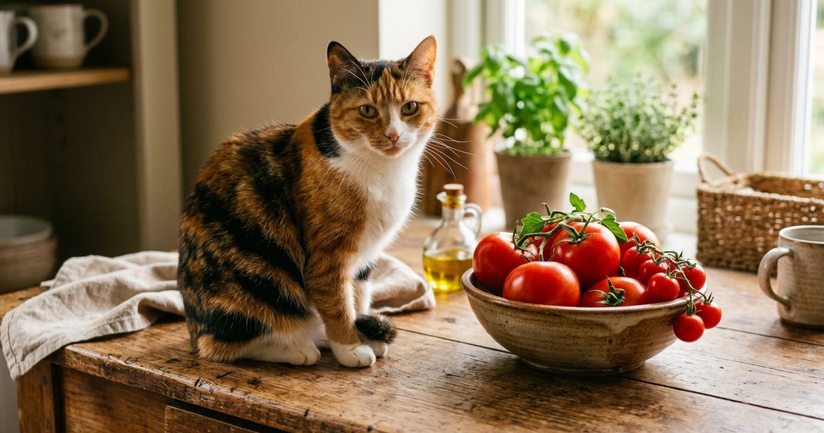 A calico cat with distinct patches of orange black and white fur sitting beside a rustic bowl of ripe red tomatoes on a wooden kitchen table, curious relaxed expression, warm domestic scene