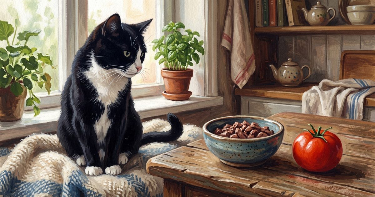 A tuxedo cat with a black coat and white chest glancing at a single ripe red tomato beside a small ceramic bowl of meat-based cat food