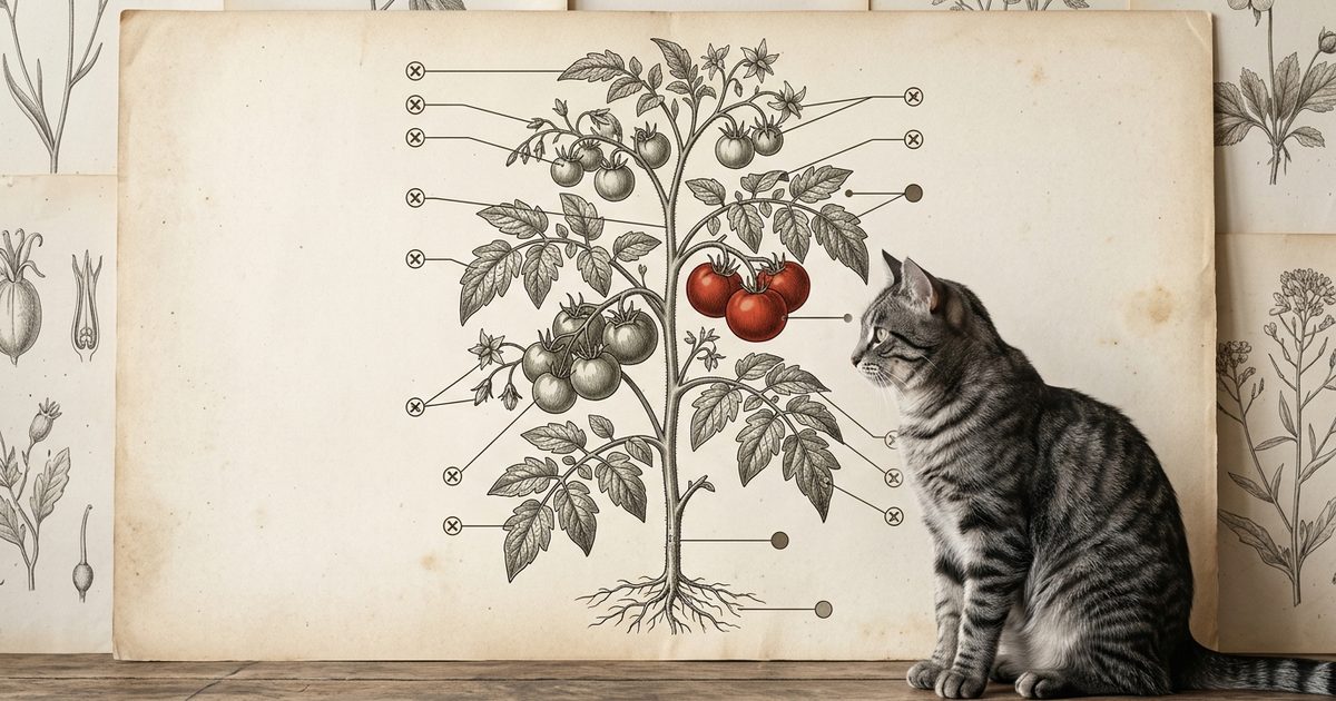 A gray tabby cat with dark charcoal stripes beside an annotated tomato plant with callouts labeling leaves and green fruit toxic and ripe red fruit safe