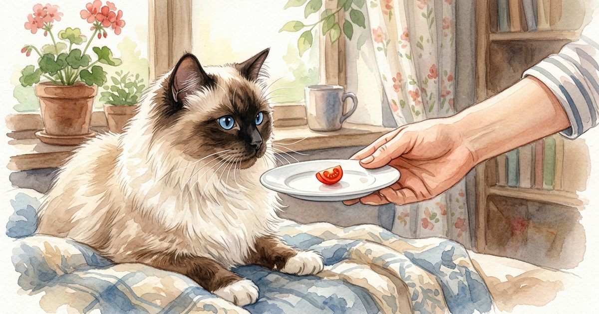 A Ragdoll cat with long silky cream fur and a dark brown colorpoint face being offered a single tiny piece of ripe red tomato from a white plate