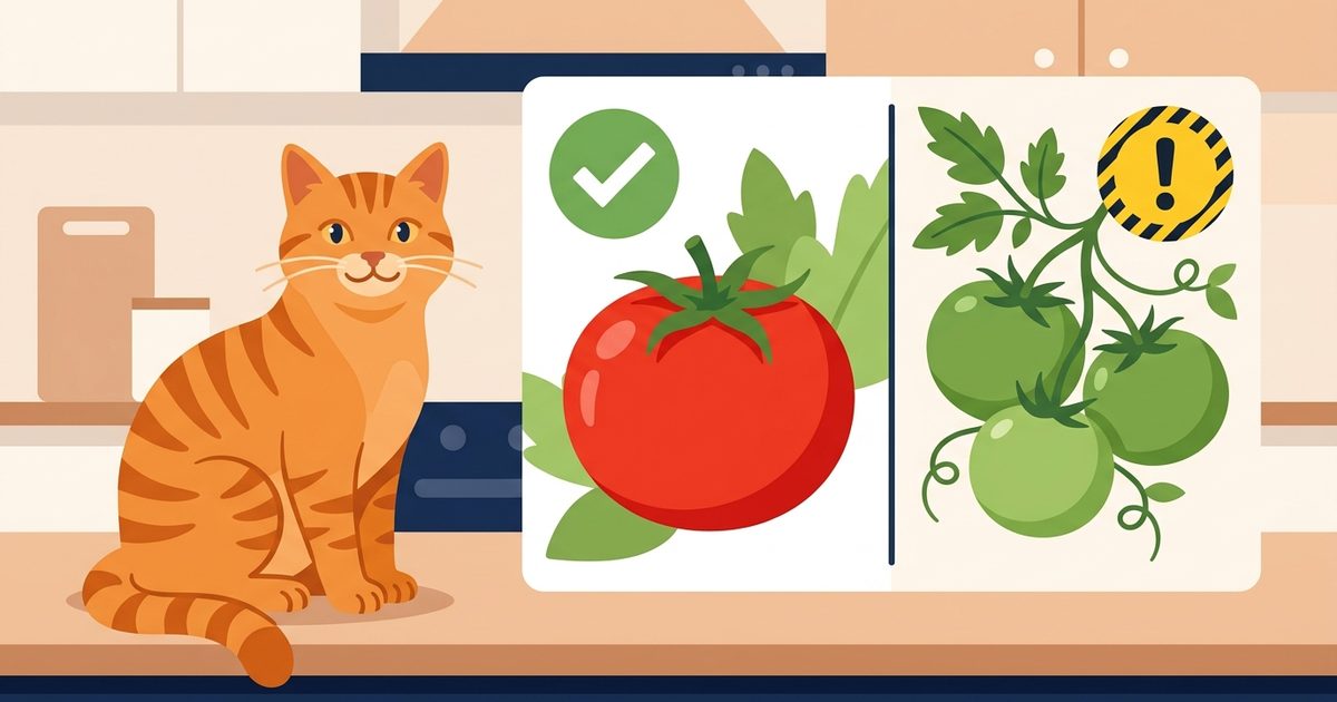 A ginger orange tabby with classic mackerel stripes beside a checkmarked ripe red tomato and a caution-marked green tomato with leaf