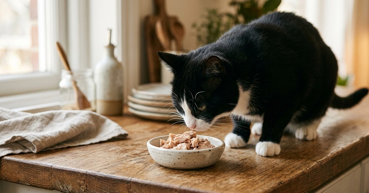 A tuxedo cat with a black coat and a white chest and paws sniffing a small ceramic dish of plain cooked flaked tuna on a wooden kitchen counter, curious and gently alert, warm domestic scene