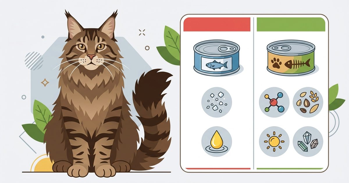 A large Maine Coon cat with fluffy brown tabby fur and tufted ears beside a split infographic contrasting a human tuna can with salt icons against a cat-formulated tuna can with balanced nutrient icons