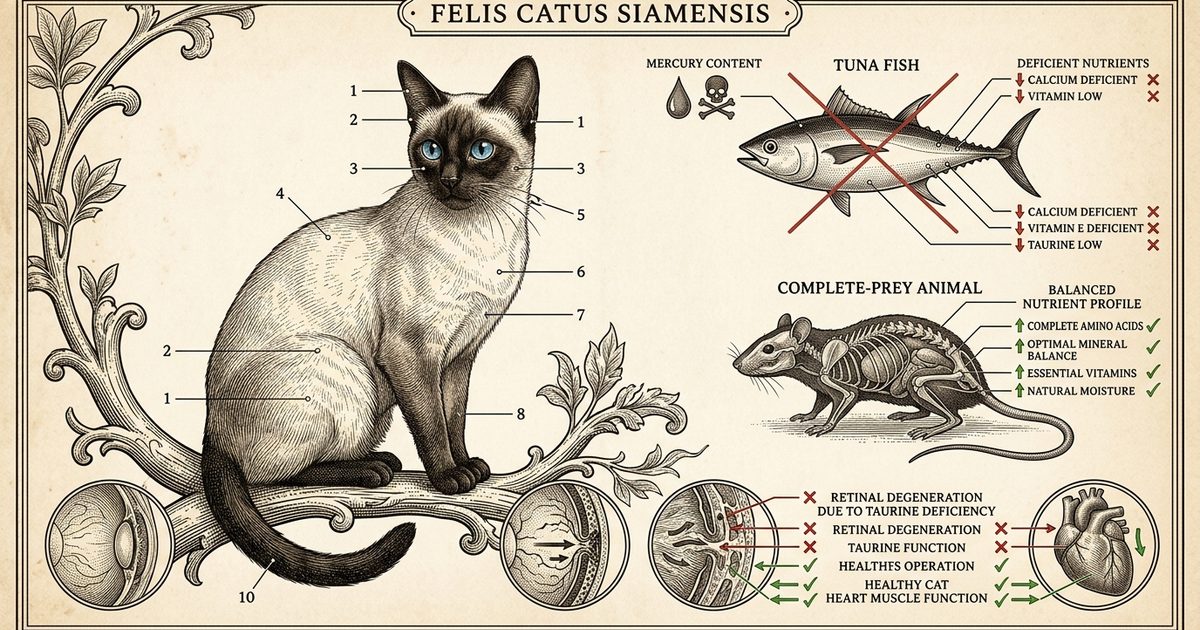 A Siamese cat with cream body, seal-brown points and blue eyes in a vintage scientific engraving contrasting tuna with mercury callouts beside a complete-prey silhouette